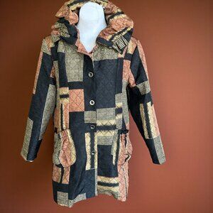 Ki Meng Art to Wear Patchwork Crinkle Quilted Black Rust Duster Jacket